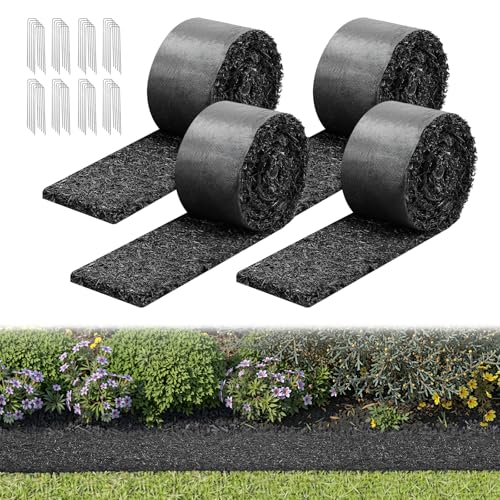 VEVOR Rubber Mulch Mat Roll 4 Rolls 120 x 4.5 in Recycled Rubber Permanent Mulch Edging Border Natural-Looking Flower Barrier with Stakes 0.5 in Thick Cuttable Garden Edgings for Landscaping