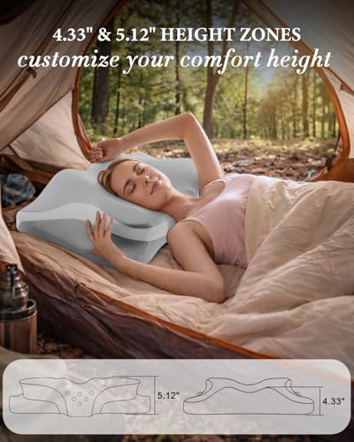Image of Camping Pillow with Hand-Rolled Vacuum Bag, Cooling Cervical Pillow for Sleeping, Ergonomic Memory Foam Pillows for Indoor & Outdoor,Portable Neck Support Pillow for Side Back Stomach Sleepers