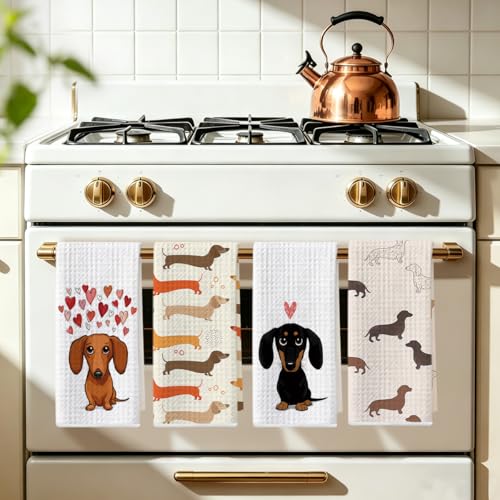 Image of 4 Pcs Dachshund Kitchen Towels 24x14 Inch, Dachshund Gifts Reusable Dish Towels for Kitchen Bathroom Decor, Waffle Weave Absorbent Hand Cloth Tea Towel, Cute Weiner Dog Gifts for Women Mom Friend