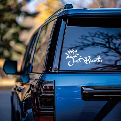 Image of Just Breathe Car Window Decal - Inspirational Lotus Flower Sticker for Vehicle Rear Window - Mindful Driving Accessory Positive Attitude Adhesive Vinyl Decal 8.66 * 3.94inch -XY94 (White)