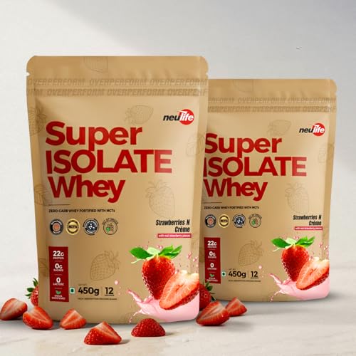 Image of Neulife Super Isolate Whey Protein (900 g 450x2) | Max Absorption Protein Shake with Patented Ketofuel MCTs | Strawberries & Creme with Real Fruit