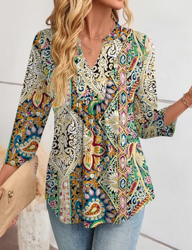 Micoson 3/4 Length Sleeve Womens Tops Fashion V Neck Blouses Dressy Casual Pleated Tunic Tops Loose Fit Work Shirts2