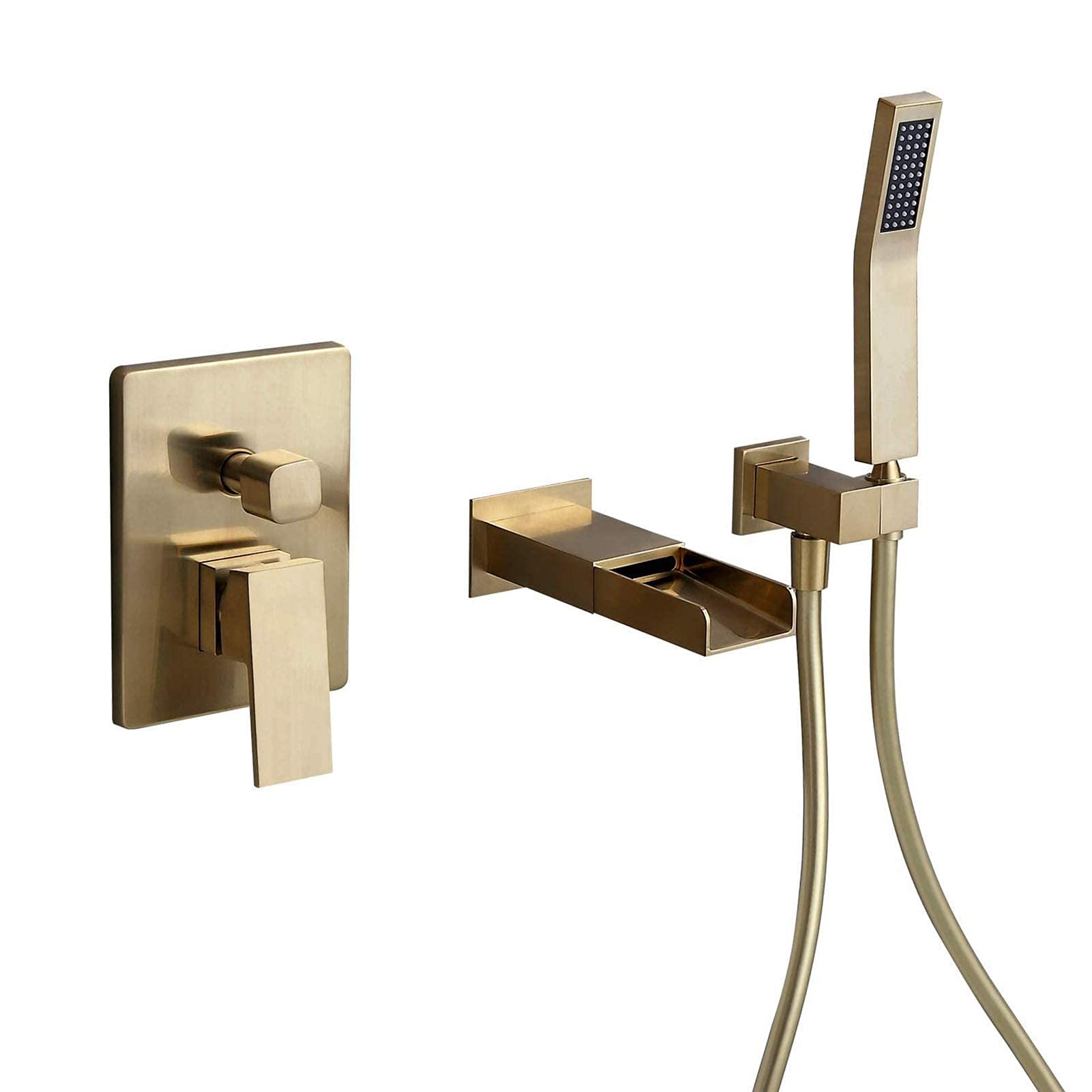 CWCQGH Waterfall Bathtub Faucet with Handheld Shower, Wall Mounted Bathtub Faucet Brushed Gold, Single Handle Tub Mixer Faucet, Solid Brass