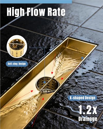 Image of 12 Inch Brushed Gold Linear Shower Drain | CUPC Certified 2-in-1 Tile Insert for Curbless Showers. 304 Steel, 15.8GPM Flow. Includes Hair Catcher & Adjustable Feet.