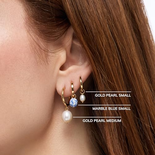 Image of Ana Luisa Frida Pearl Jewelry Huggie Hoops - Medium & Small 14K Gold Plated & Silver Rhodium Plated Drop Hoop Earrings with Freshwater Pearls - 2-in-1 Hypoallergenic Water-Resistant, Tarnish-Free Hoop
