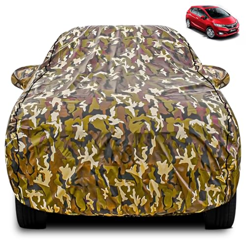 Image of FABTEC Car Body Cover for Honda Jazz Jungle Print with Soft Cotton Lining Waterproof Car Cover UV & Rain Protection with Mirror Pocket Bottom Elastic (Military /Camouflage Pattern)