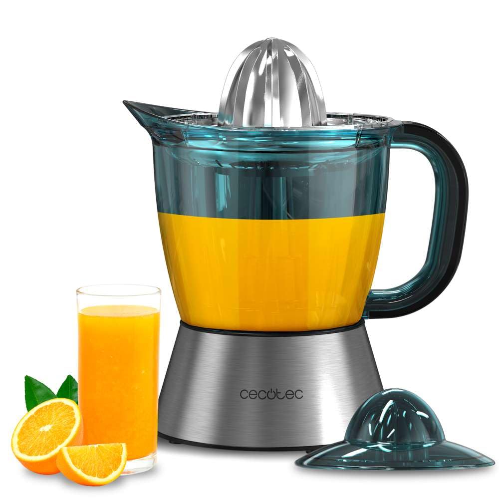 Cecotec Spremiagrumi elettrico per arance e agrumi Zitra Steel. 40 W e filtro in plastica, 2 coni in plastica, doppio senso di rotazione, accensione automatica, tamburo con capacità di 1 l
