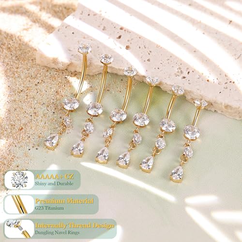 G23 Pure Titanium Dangle Belly Button Rings for Women Internally Thread Curved Barbell Belly Rings Dangling Navel Rings CZ Teardrop Navel Piercing Jewelry 6-16mm2