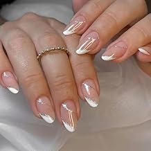 Gloss & Go 24 Reusable Trendy Artificial Press On Nails Fake Nail Set| Peach Color With White Color On Tip With Silver Glitter Design Ready To Wear Almond Shape Nails| Easy to Apply| Lightweight & Long Lasting| Easy To Use| Quick Fix For Festivals & Speci