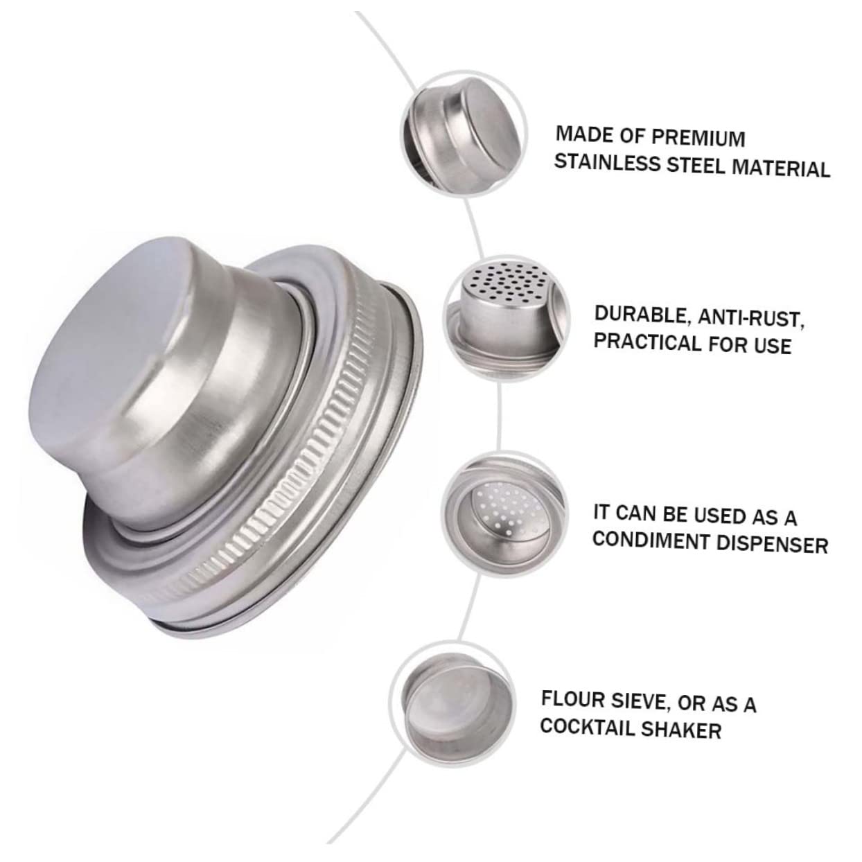 FUNOMOCYA 3 Pcs 304 Cocktail Shaker Lid for Jar Stainless Steel Pepper Spice Dispenser