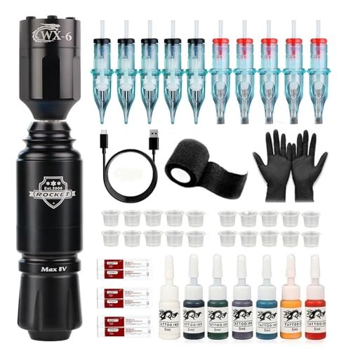 Professional Tattoo Machine Kit Complete RCA Interface Rotary Tattoo Pen Set Wireless Tattoo Power Supply Permanent Makeup Tool (Black)