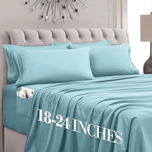 Image of Mocassi Luxury 6-Piece Sheet Set, Ultra Soft 1800 Premium Hotel Quality Microfiber Sheet Set, Fits Mattresses Up to 18 to 24 Inches Extra Deep Pocket - Breathable and Secure Fit, Full, Aqua Blue