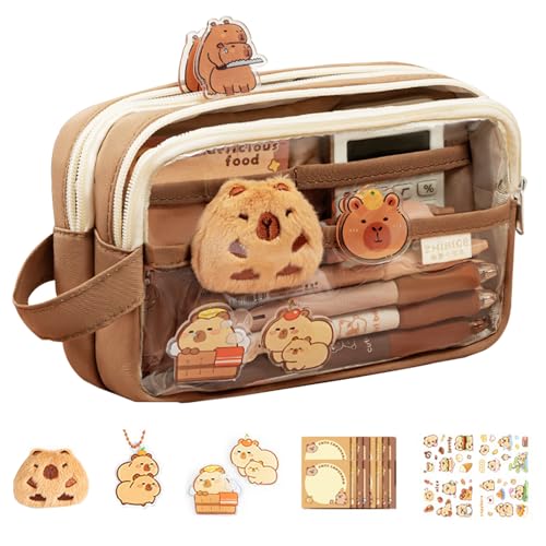 Cute Capybara Pencil Case - Sturdy Material, Stationery Organizer with Stickers and Pins, Large Capacity Cute Stationery | Organizador Portable Holder Box for Student Teen Girls Boys Kid School