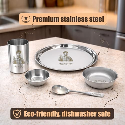 Image of SAVRI Personalized Stainless Steel Dinner Set for Kids - Custom Laser Photo Printed Plate, Bowl, Glass & Spoon with Name & Cartoon Design | 5-Piece Kids Meal Set | Birthday, Return & Daily Gift