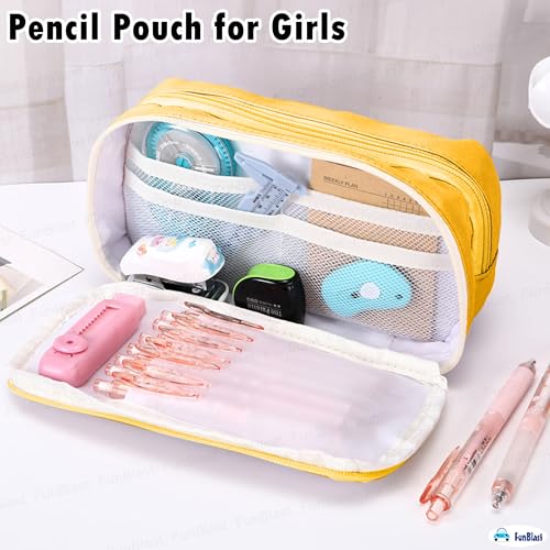 Image of FunBlast Pencil Pouch for Girls - Aesthetic Multi-Compartment Zipper Pouch with Drawstring Pocket, Cute Kawaii Pencil Case, Stylish Stationery Pouch, Return Gift for Kids & School Use (Yellow)