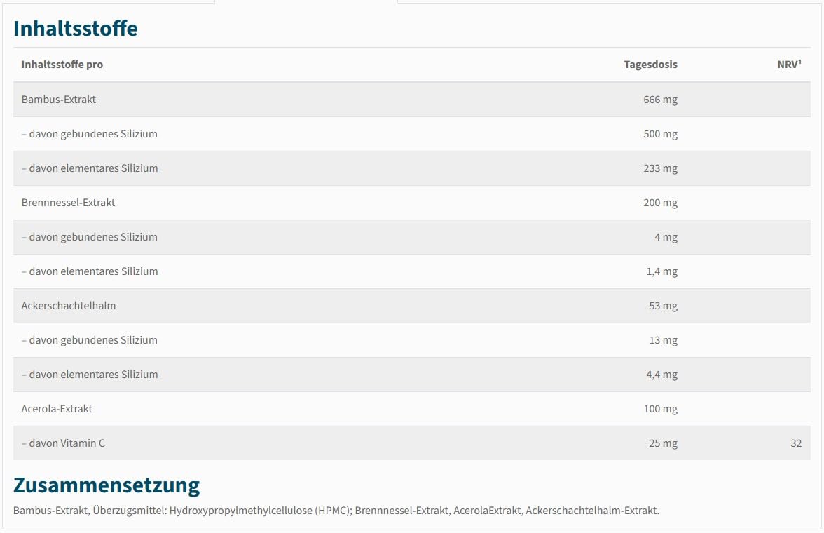 NatuGena Silizium-3-Komplex Ackerschachtelhalm/Bambus/Brennnessel + Vitamin C / 120 Kapseln HPMC 0 (60-Tage-Packung)