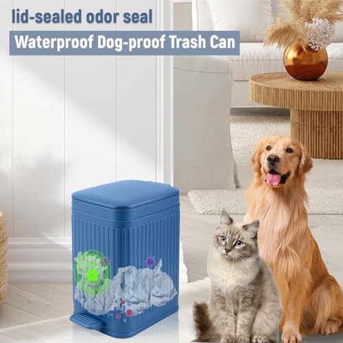 Image of rejomiik Small Bathroom Trash Can with Lid Slim Soft Close Garbage Can Step Wastebasket Container Trash Bin for Office Bedroom Kitchen Living Room 1.9 Gallon, Navy Blue