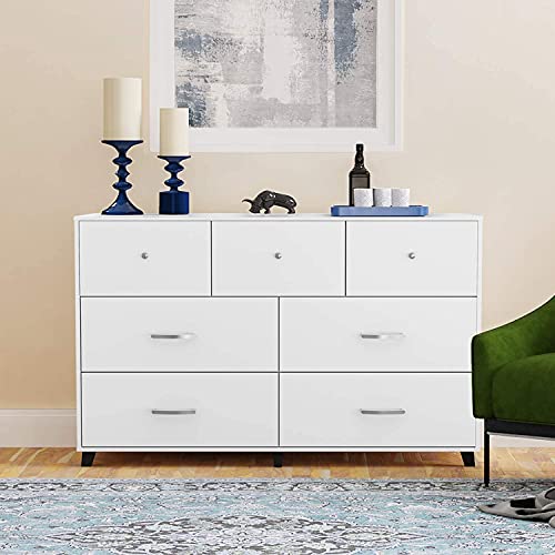 Cozy Castle 7 Drawer Dresser, Chest of Drawers, Horizontal Dresser, White Dresser, Bedroom Dresser with 3 Small Drawers and 4 Large Drawers, for Clothing Storage, Wide Dresser White