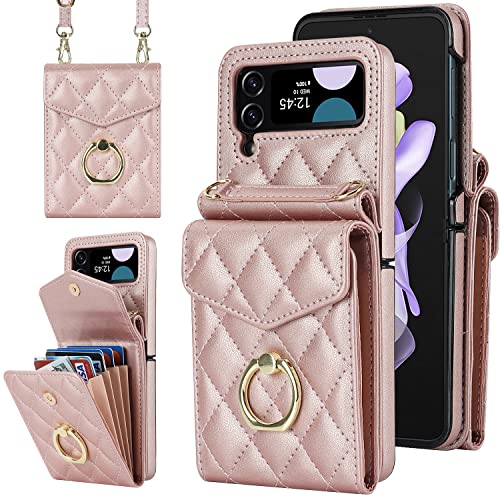 Asuwish Phone Case for Samsung Galaxy Z Flip 3 5G 2021 Wallet Cover with RFID Blocking Ring Crossbody Wrist Strap Stand Credit Card Holder Leather Cell Accessories ZFlip3 Z3 Flip3 3Z Women Rose Gold
