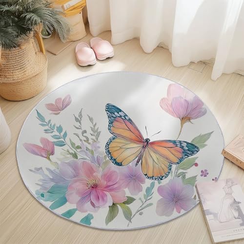 Genérico Alfombras Redondas Antideslizante 90 cm, Franela Suave Pelo Corto Alfombra Redonda Acuarela Flores Insectos Imprimir para Dormitorio Sala de Estar Decoración del Hogar, Blanco