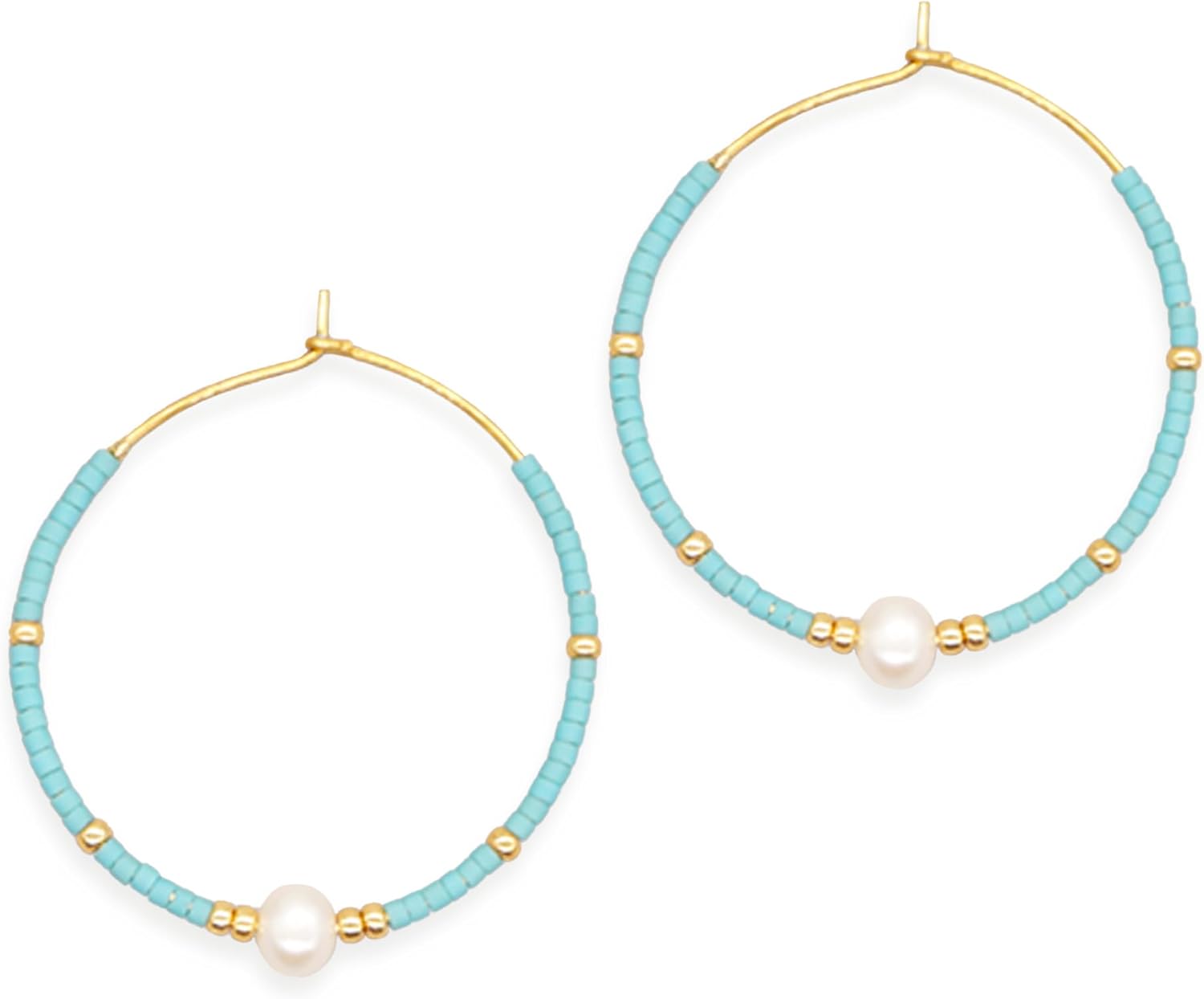 Seed Beaded Pearl Gold Hoop Earrings for Women, Boho Handmade Statement Colorful Beads Circle Earing Summer Beach Jewelry Gift.