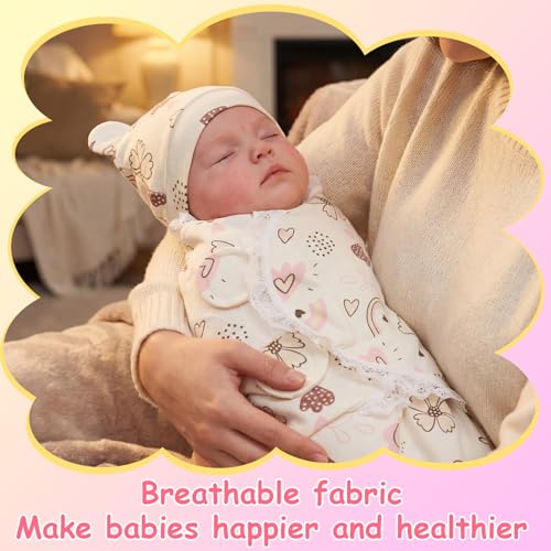 Image of Ramede 6 Pack Swaddle Blanket with Hats for Baby Girl Boy 100% Cotton Swaddles 0-3 Months, Adjustable Breathable Skin Friendly Receiving Blanket Wrap, Essential for Newborns(Lace,Light Color)