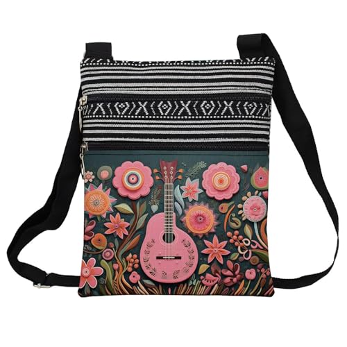 Floral Pink Guitar Messenger Bag Small Ethnic Pattern Printed Adjustable Strap Crossbody Zipper Bag Floral Pink Guitar Phone Bag Wallet Cute Shoulder Handbag for Women