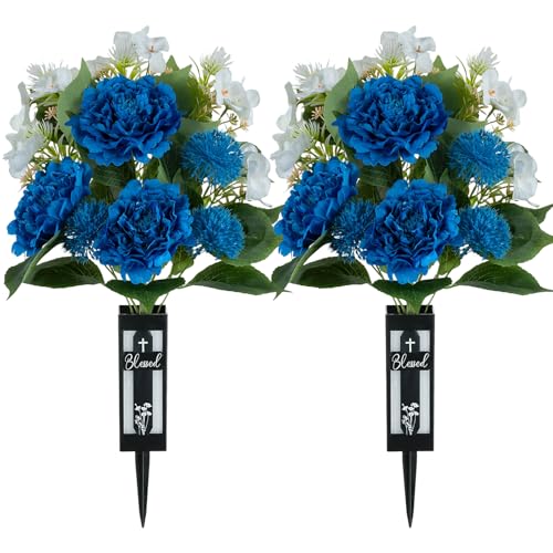 Memobloom Artificial Grave Flowers for Cemetery: 2 Pcs Memorial Day Flowers for Cemetery Grave Decorations - Fathers Day Outdoor Silk Blue White Peony Flower Bouquet with Vase for Gravesites