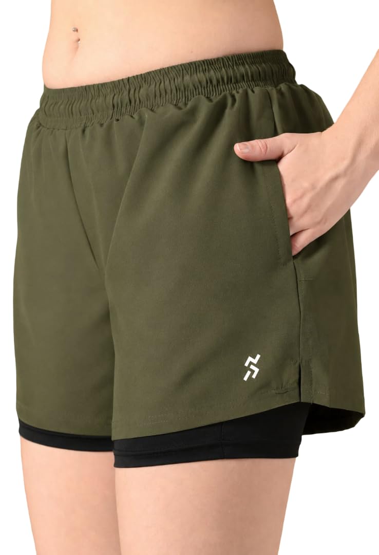 Women’s 2-in-1 Shorts | Dual Layer Gym Shorts | Stretchable Seamless Cycling Shorts with Pocket | Dry Fit Activewear