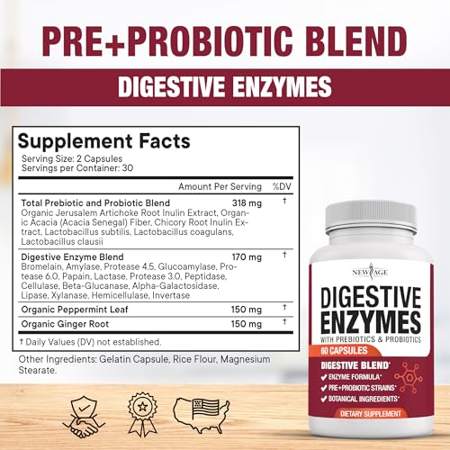 Image of NEW AGE Digestive Enzymes for Gut Health - Probiotic Multi Enzymes with Prebiotics and Probiotics with Lipase for Women and Men for Digestive Health, Daily Enzymes for Digestion - 120 Count