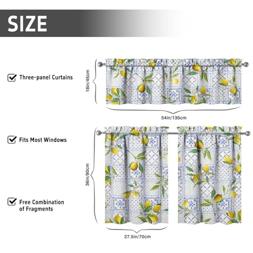 Image of Lemon Kitchen Curtains 3 Piece Set Tier Valance Window Decor