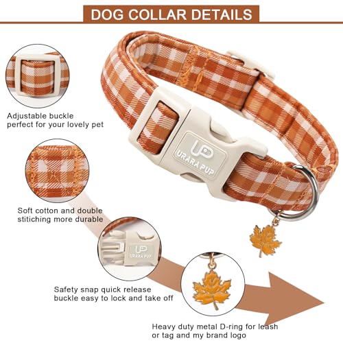 Image of Fall Plaid Dog Collar with Maple Leaf Charm - Adjustable Autumn Checkered Dog Collar for Small Medium Large Dogs, Soft Cotton Puppy Collars with Quick Release Buckle and Metal D-Ring