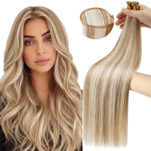 Image of Moresoo Genius Weft Human Hair Extensions, Highlight Brown with Blonde | Made with Remy human hair, 20 Inch 60g, flowing layers for weddings, photoshoots and special events