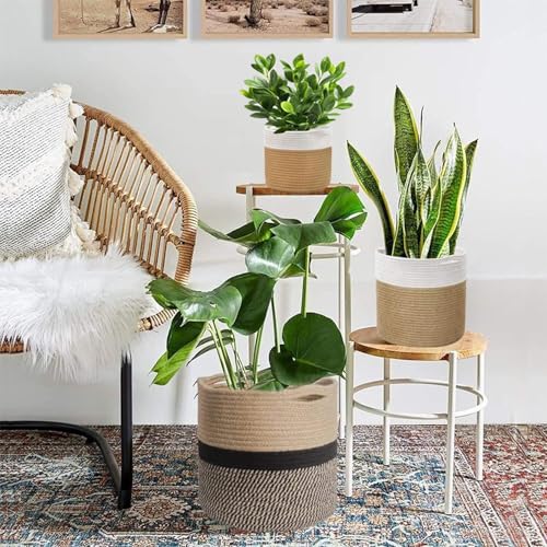 huipinghu 20cm Cotton Woven Plant Pot | Breathable Indoor Planter Basket for Potted Plants | Built-in Handles - 20x20cm for Boho Home Decor & Herbs (Black+Yellow) - Image 6