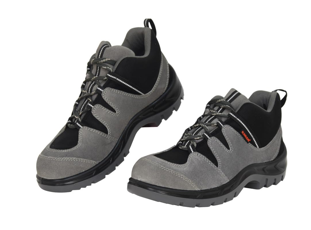 Karam FS211 Suede Buff Leather Safety Shoes for Men | Double Density | Steel Toe Cap | Antistatic, Antislip & Oil Resistant | Grey | Size-03