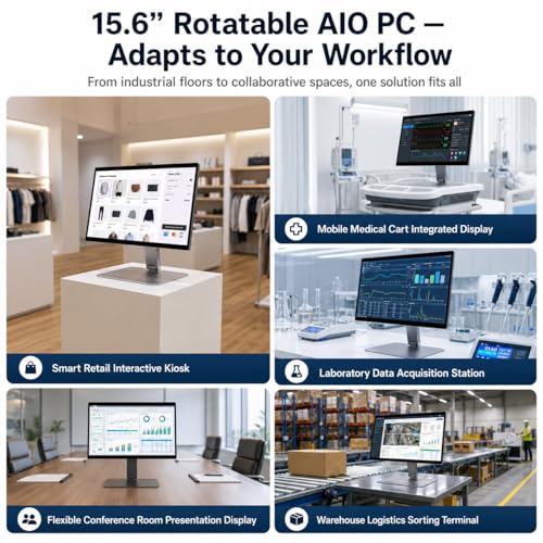 Image of 15.6 inch All-in-One Industrial Desktop PC Fanless, Android 12 Touchscreen Computer with Pivoting VESA Mount Rugged RK3399 Tablet, 4GB RAM 64GB ROM, 1920 x 1080 IPS, USB 3.0, Gigabit Ethernet, Type-C
