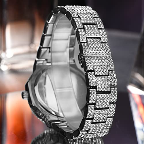 Pladen Luxury Mens Watch Bling Diamond Iced Out Watch Stainless Steel Waterproof Silver Quartz For Men Hip Hop Rhinestone Wristwatch #TOP4