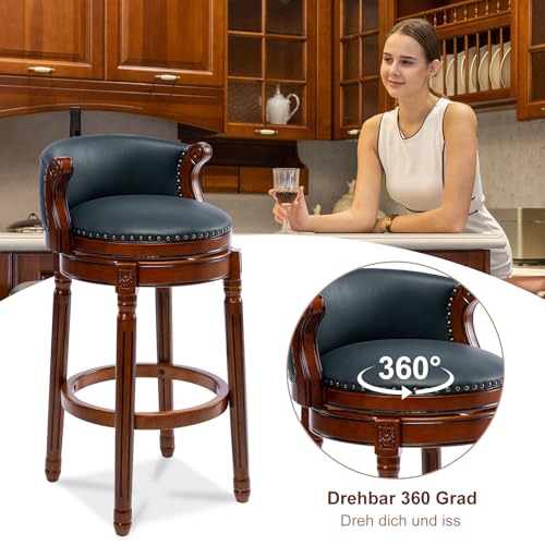 Image of Cow top Leather Wooden Bar Stools, 29.5 inch Bar Height Bar Chair with Back, 180 Degrees Swivel Barstools Chair for Home Kitchen Counter,Dining Room (Dark Blue 2pcs, Bar Height-Seat Height 29.5 inch)