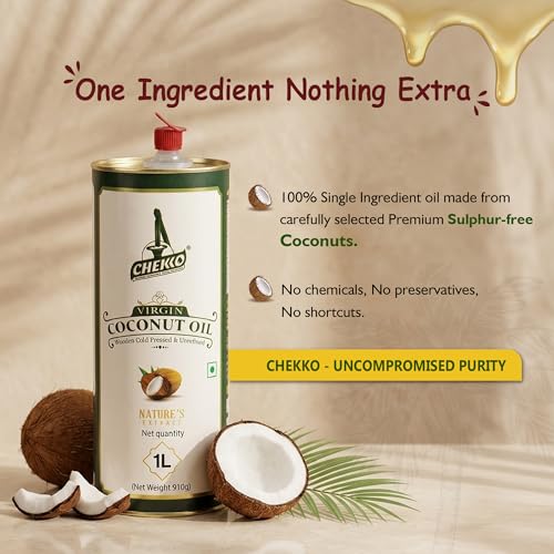 Image of Chekko Cold Pressed Virgin Coconut Oil 2 Litre | 100% Pure Natural Wood Pressed | Unrefined Virgin Edible Coconut Oil for Cooking, Baking, Massage, Hair & Skin Care | Premium Food-Grade Metal Tin Pack (1 Litre*Pack of 2)