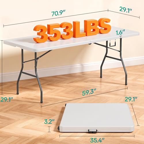 FDW 6FT Portable Folding Table, Compact Fold-in-Half Plastic Picnic Party Table with Carrying Handle (White) - Image 3