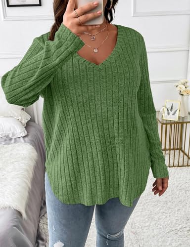 Image of Koscacy Women Plus Size Casual Knit Sweater V Neck Solid Color Tops Lightweight Long Sleeve Blouses