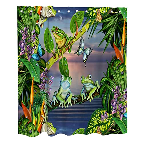 Lifeasy Tropical Forest Tree Frog Shower Curtain Palm Leaves Jungle And Flowers Theme Fabric Bathroom Decor Sets With Grommets And Hooks 72" L X 72" W #TOP25