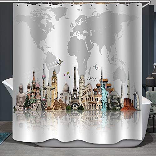 Fabric Shower Curtain,Vintage World Map Famous Wanderlust Landmark Spot Cultural Statue of Liberty Polyester Designer Cloth, Print Decorative Bathroom Curtains Include Hooks Set(72ã€ƒw by 72ã€ƒL) (tp391)