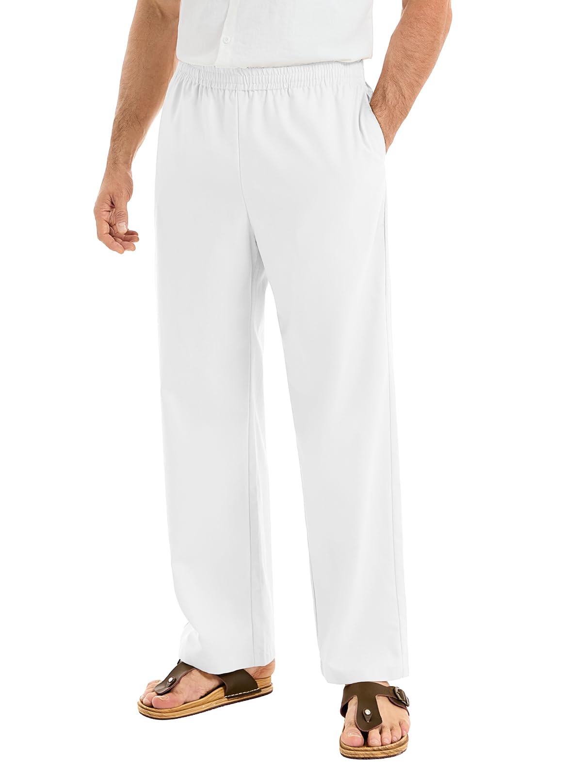 Auxo Mens Casual Linen Pants Elastic Waist Drawstring Beach Summer Pants Lightweight Linen Cotton Trousers