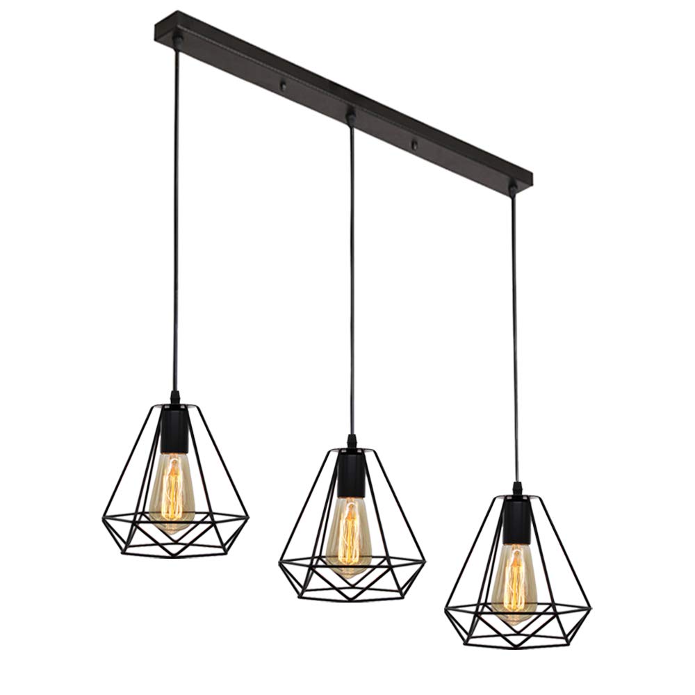 STOEX Suspension Industrielle Vintage Cage Dimant, Lampe de Plafond Barre 3 Luminaire Métal Lustre Abat-Jour E27 Noir