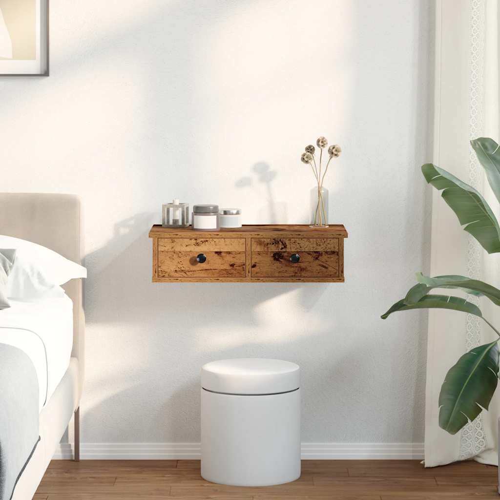 Mangloder Wandregal mit Schubladen in Altholz-Optik 60x28x15cm aus Holzwerkstoff, schwebend hängend, platzsparend als Aufbewahrung und Deko für Wohnzimmer, Schlafzimmer, Küche, Bad, Büro