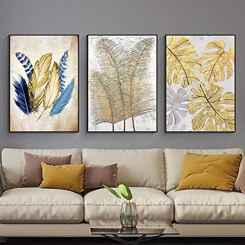 Pintura de lienzo decorativa de pluma azul y oro para crear un ambiente relajante en el salon