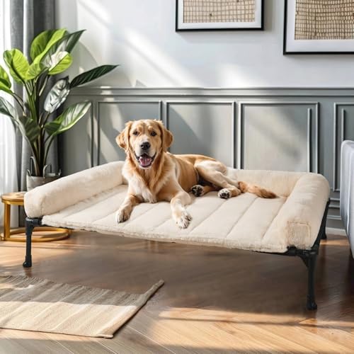 Veehoo Orthopedic Elevated Dog Bed with Fluffy Plush Bolster Cushion Indoor Raised Dog Beds for Large Dogs Soft Pet Sofa Cot with Removable Washable Mat No-Slip Feet 42 x 30 inches Cream White