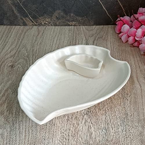 India Meets India Ceramic Chip and Dip Tray [Off-White], Leaf Design Chip and Dip Tray for Snacks | Tikka's | Salad | Appetizer | Dessert | Hummus | Veggies | Platters, Serving Tray - 10 x 7 INCHES
