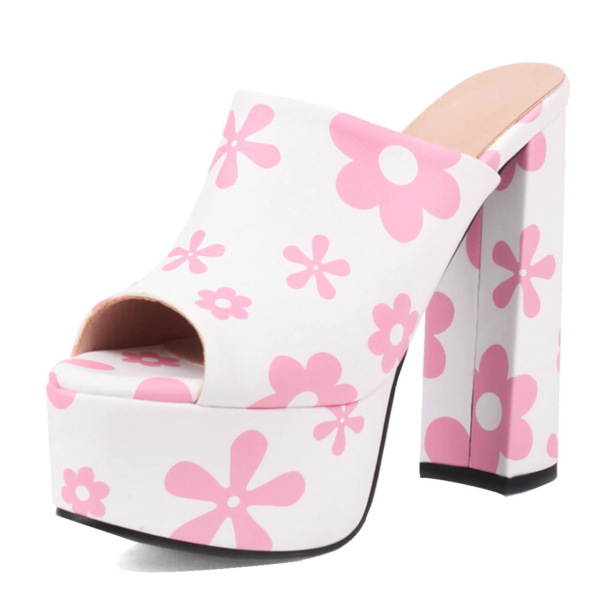 CoceMoce Gorgeous Thick Chunky Heel Slide Sandals for Women Peep Toe Platform Slip-on Backless High Heeled Mules Dressy Shoes Club Party Events Prom